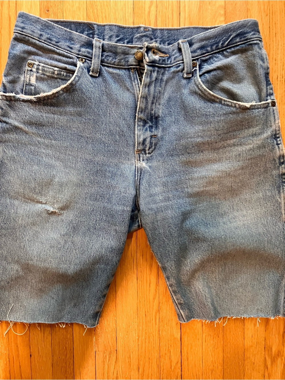 Wrangler Light Blue Cutoff Denim Shorts frayed with subtle distressboheian